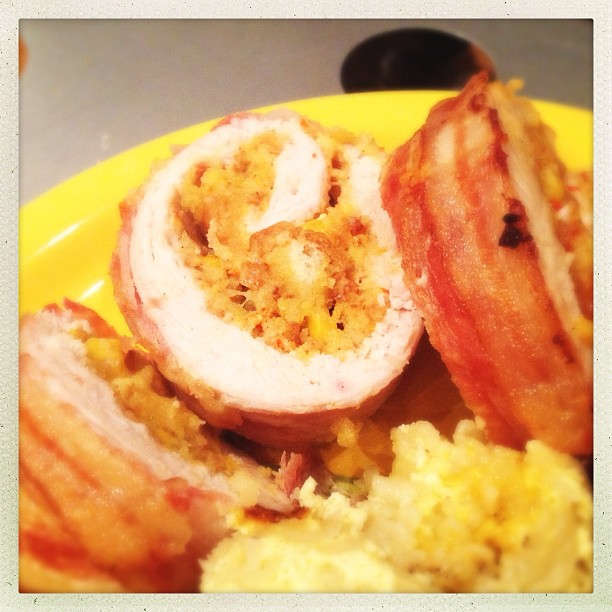 Instagram: Bacon-wrapped cornbread dressing-stuffed turkey breast