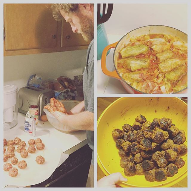 Instagram: The Andreassen siblings strike again…, Sarmale and a crap ton of meatballs both made with elk and pork and love. Note the PBR with a straw because we are classy.