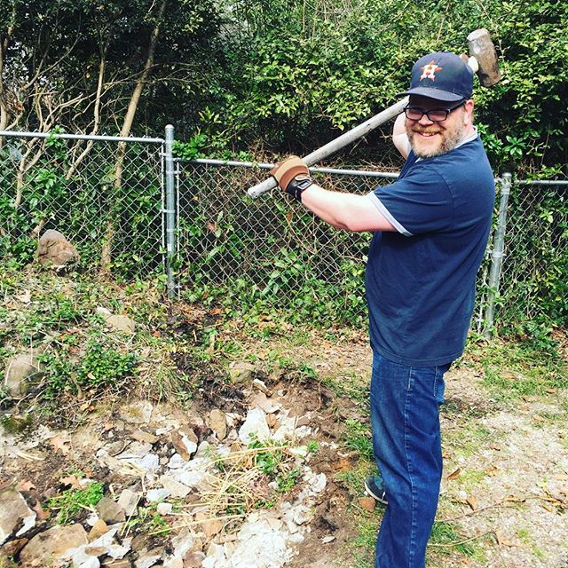 Instagram: Manly man using the sledge hammer. We like you dear pond but you are a toddler #deathtrap, so you must go.