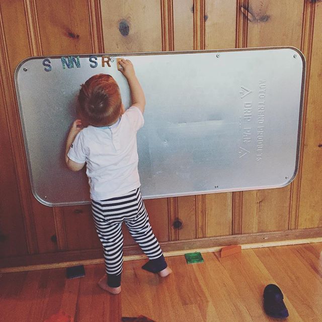 Instagram: A little afternoon project. Oil drip pan + screws = magnetic play for the kiddo on the cheap. #pinterestwin