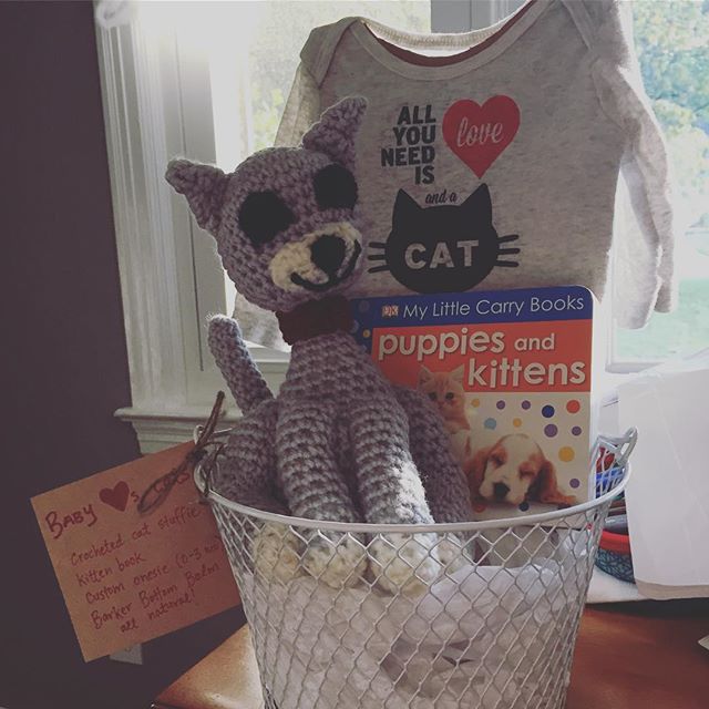 Instagram: Baby ? cats basket awaits the fantastic Barker Bottom Balm to be complete! Cat made by my momma, onesie by me, balm by Marcia! #handmade