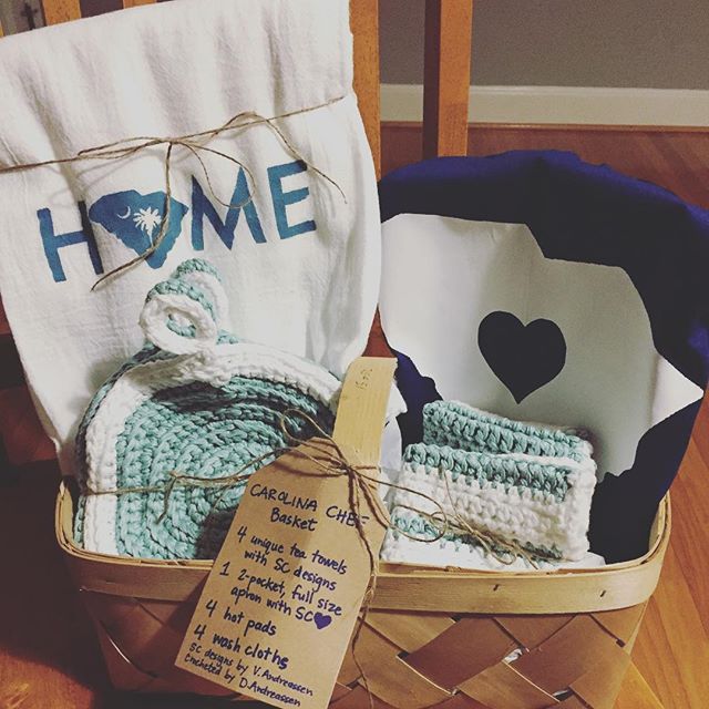 Instagram: Last basket finished. Carolina Chef basket. Crocheted items by my momma; SC designs by me. Let's raise some money for St. Gerard's!