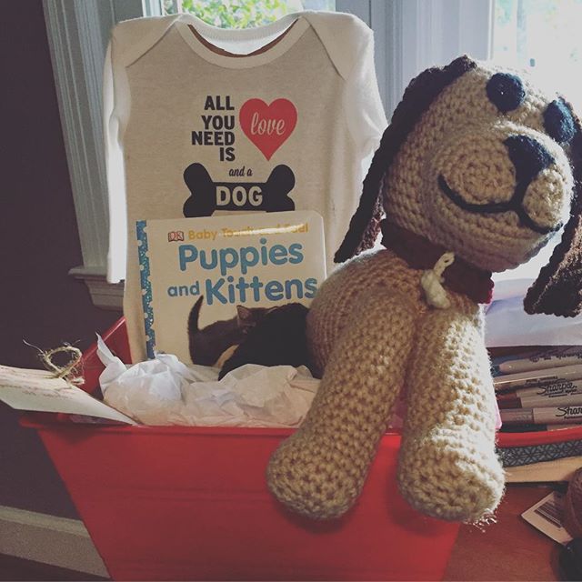 Instagram: Baby ? dogs basket. Puppy by momma, onesie by me, Barker Bottom Balm by Marcia. #handmade