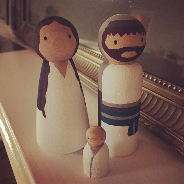 Instagram: Mary, Joseph, & baby Jesus for the kiddos' nativity. #handmade #pegdolls