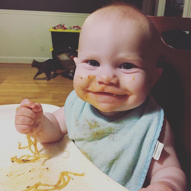 Instagram: Naked for first noodles with sauce (and roasted cauliflower.) She's a fan. #blw #catphotobomb