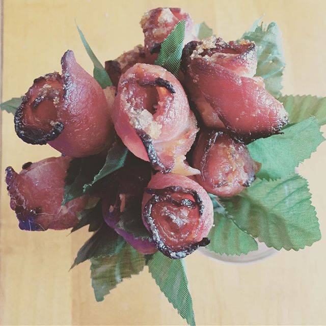 Instagram: I might have won Valentine's Day by sneakily making maple brown sugar bacon roses for my love while he worked and wondered why the house smelled like bacon. #valentine #bacon