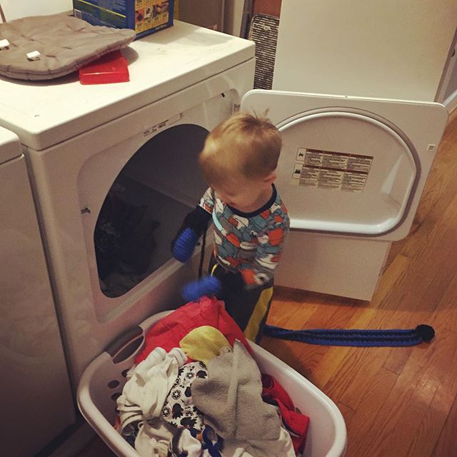 Instagram: Morning chore of emptying dryer = treasure hunt for new underpants and need for mittens since the clothes are warm. #toddlerchores #pottytraining #underpants